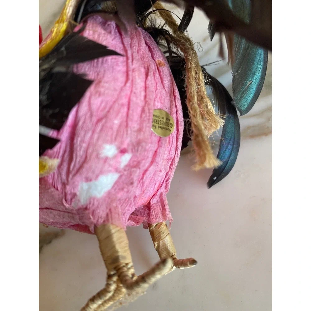 Silvestri Rooster Ornament Pink Yellow Handcrafted Paper Feather Folk Art Decor